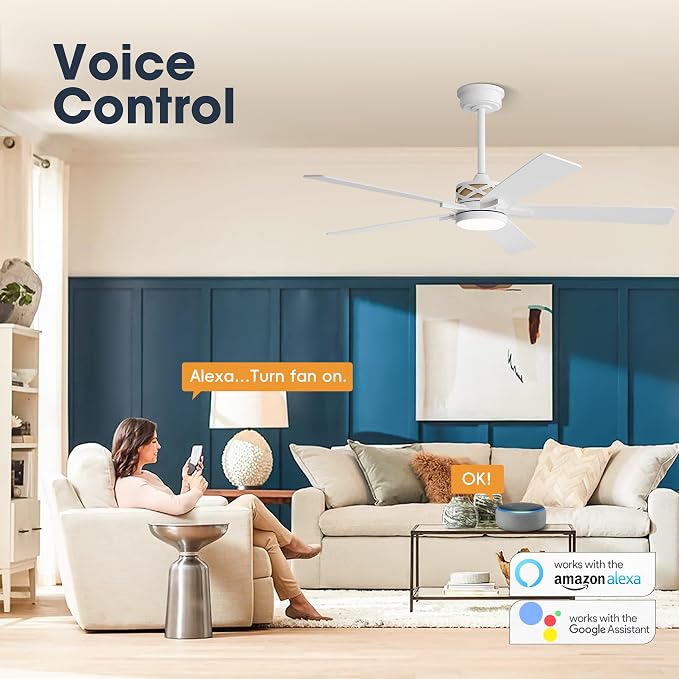 52" Smart Ceiling Fan with Lights, White/Oak Blades, 6 Speeds Reversible DC Motor, Works with Alexa and Google Assistant