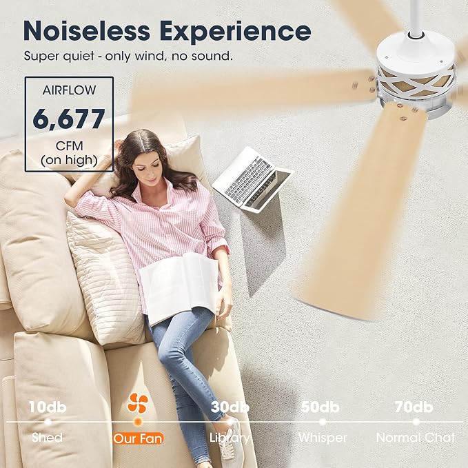 52" Smart Ceiling Fan with Lights, White/Oak Blades, 6 Speeds Reversible DC Motor, Works with Alexa and Google Assistant