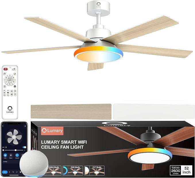 52'' Smart Ceiling Fan with RGBAI Lights Remote, RGB & Stepless Color Temperature, Work with Alexa/Google/App, 46 Scenes