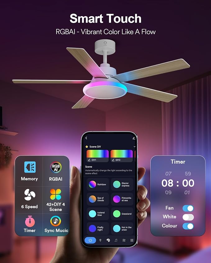 52'' Smart Ceiling Fan with RGBAI Lights Remote, RGB & Stepless Color Temperature, Work with Alexa/Google/App, 46 Scenes