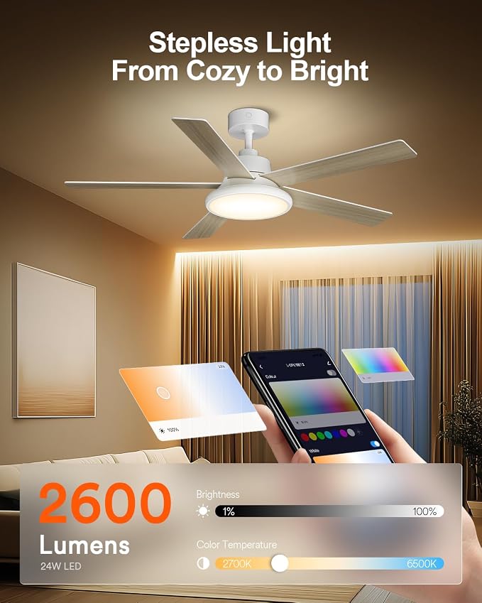 52'' Smart Ceiling Fan with RGBAI Lights Remote, RGB & Stepless Color Temperature, Work with Alexa/Google/App, 46 Scenes