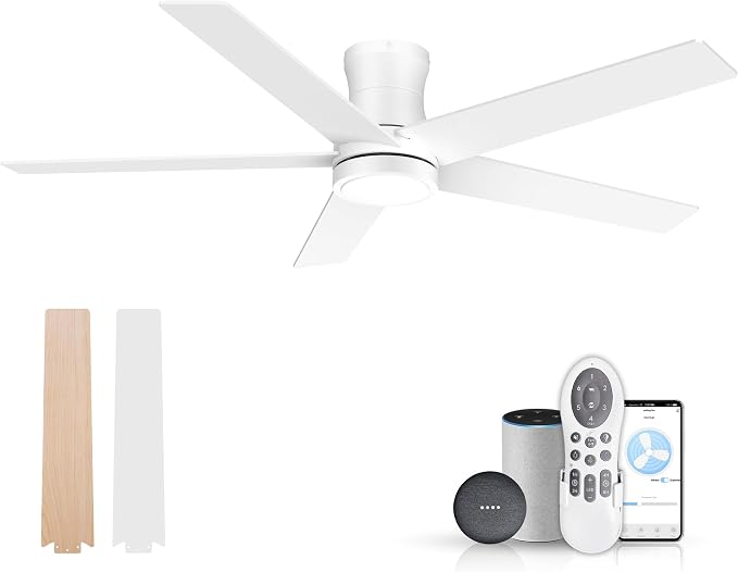 52" Smart Low Profile Ceiling Fan with Lights Remote,Controll by Voice WIFI Alexa App,Quiet DC Motor,Outdoor Indoor Flush