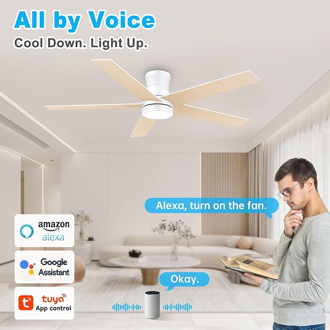 52" Smart Low Profile Ceiling Fan with Lights Remote,Controll by Voice WIFI Alexa App,Quiet DC Motor,Outdoor Indoor Flush