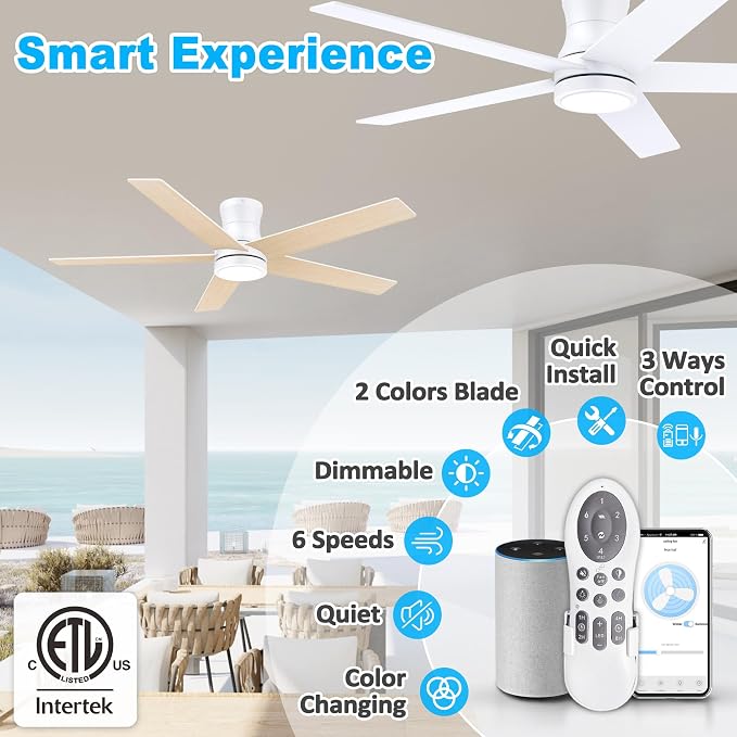 52" Smart Low Profile Ceiling Fan with Lights Remote,Controll by Voice WIFI Alexa App,Quiet DC Motor,Outdoor Indoor Flush