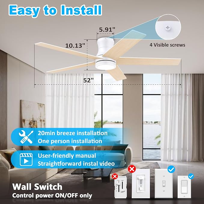 52" Smart Low Profile Ceiling Fan with Lights Remote,Controll by Voice WIFI Alexa App,Quiet DC Motor,Outdoor Indoor Flush