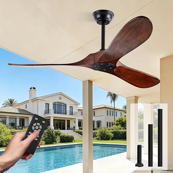 52" Walnut Wood Ceiling Fans,Outdoor Ceiling Fan without Light for Patios,3 Blade Small Propeller Fan Ceiling Mount for