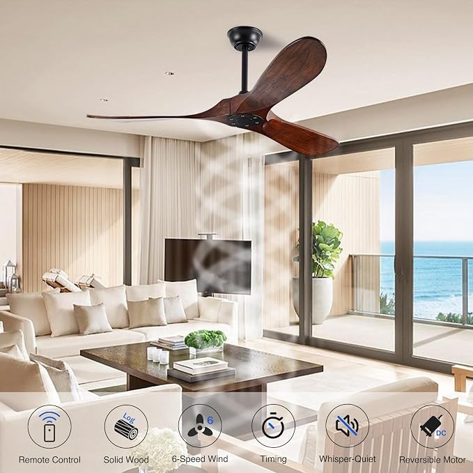 52" Walnut Wood Ceiling Fans,Outdoor Ceiling Fan without Light for Patios,3 Blade Small Propeller Fan Ceiling Mount for