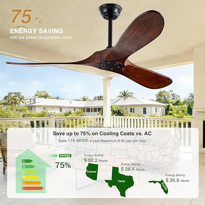 52" Walnut Wood Ceiling Fans,Outdoor Ceiling Fan without Light for Patios,3 Blade Small Propeller Fan Ceiling Mount for