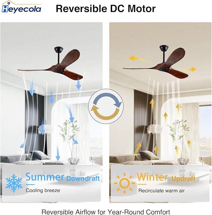 52" Walnut Wood Ceiling Fans,Outdoor Ceiling Fan without Light for Patios,3 Blade Small Propeller Fan Ceiling Mount for