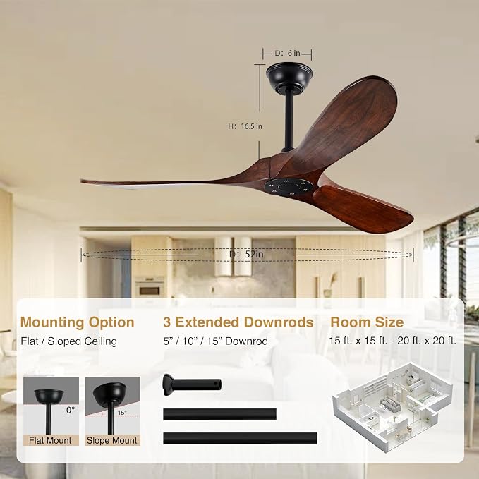52" Walnut Wood Ceiling Fans,Outdoor Ceiling Fan without Light for Patios,3 Blade Small Propeller Fan Ceiling Mount for