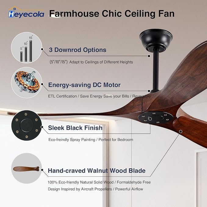 52" Walnut Wood Ceiling Fans,Outdoor Ceiling Fan without Light for Patios,3 Blade Small Propeller Fan Ceiling Mount for