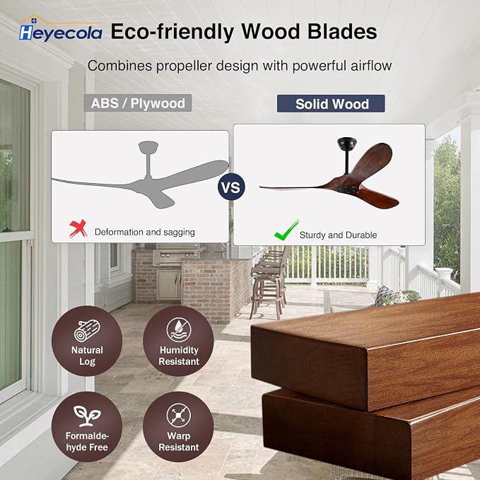 52" Walnut Wood Ceiling Fans,Outdoor Ceiling Fan without Light for Patios,3 Blade Small Propeller Fan Ceiling Mount for