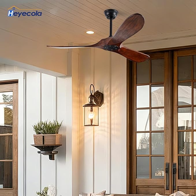 52" Walnut Wood Ceiling Fans,Outdoor Ceiling Fan without Light for Patios,3 Blade Small Propeller Fan Ceiling Mount for