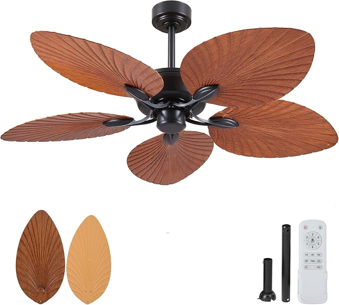 52" Waterproof Outdoor Palm Leaf Ceiling Fans Without Lights and Remote, Wet Rated Tropical Ceiling Fans for