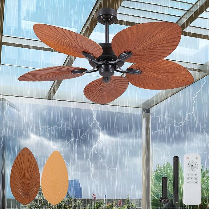 52" Waterproof Outdoor Palm Leaf Ceiling Fans Without Lights and Remote, Wet Rated Tropical Ceiling Fans for, alternate view