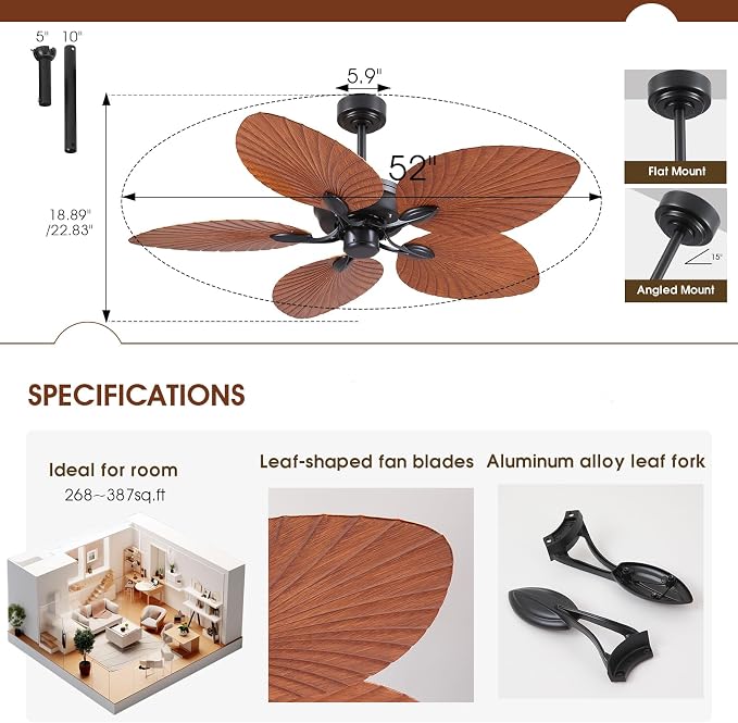 52" Waterproof Outdoor Palm Leaf Ceiling Fans Without Lights and Remote, Wet Rated Tropical Ceiling Fans for, alternate view
