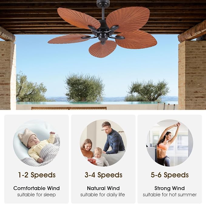52" Waterproof Outdoor Palm Leaf Ceiling Fans Without Lights and Remote, Wet Rated Tropical Ceiling Fans for, alternate view