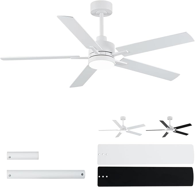 52'' White Ceiling Fans with Lights and Remote, 6 Speed Low Profile Modern Ceiling Fan with Quiet DC Motor for