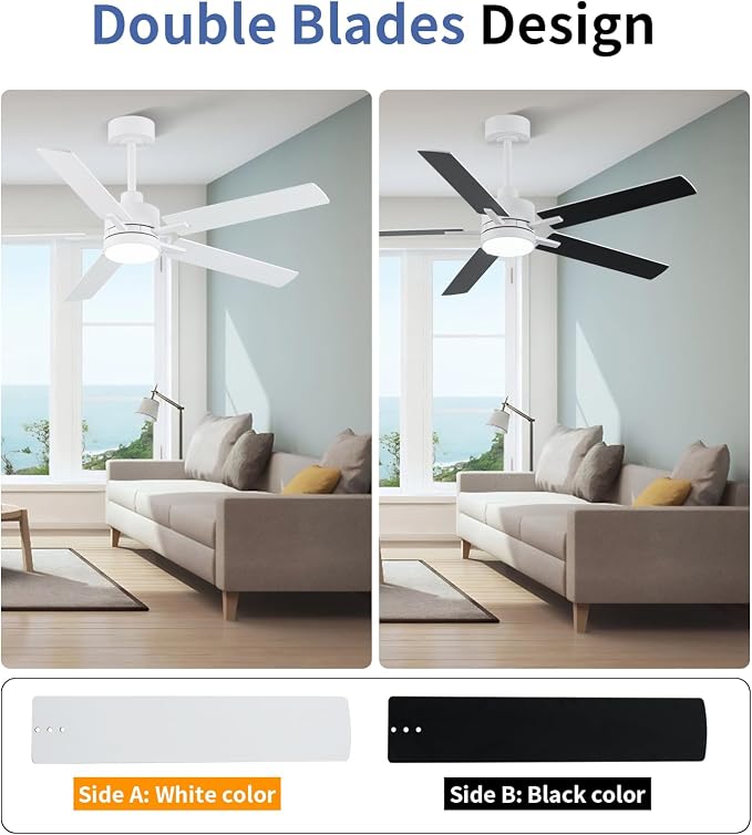 52'' White Ceiling Fans with Lights and Remote, 6 Speed Low Profile Modern Ceiling Fan with Quiet DC Motor for, alternate