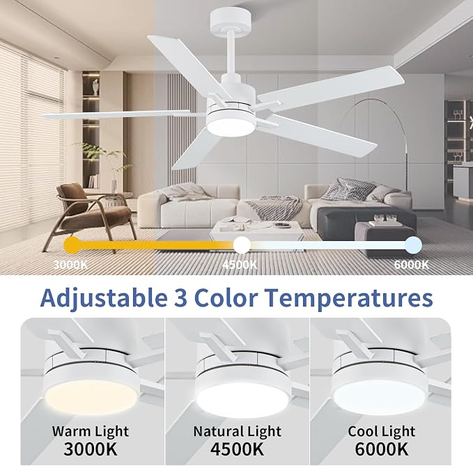 52'' White Ceiling Fans with Lights and Remote, 6 Speed Low Profile Modern Ceiling Fan with Quiet DC Motor for, alternate