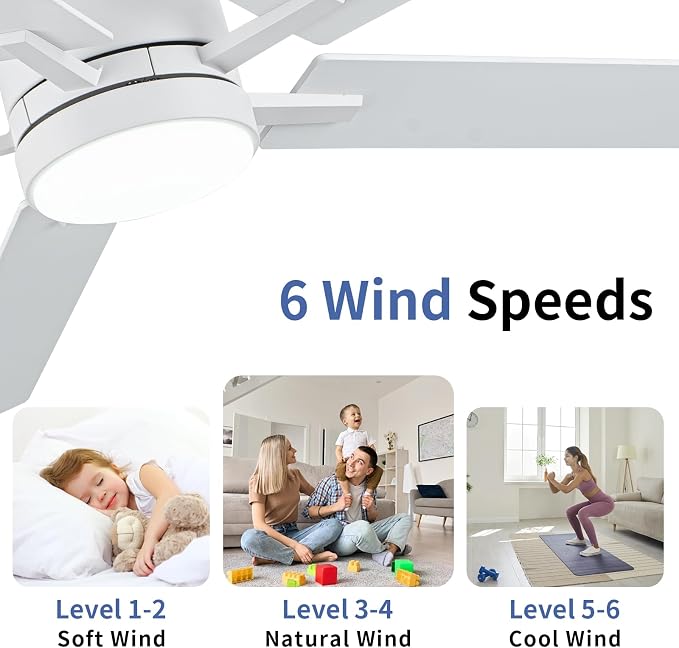 52'' White Ceiling Fans with Lights and Remote, 6 Speed Low Profile Modern Ceiling Fan with Quiet DC Motor for, alternate