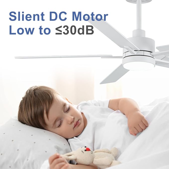52'' White Ceiling Fans with Lights and Remote, 6 Speed Low Profile Modern Ceiling Fan with Quiet DC Motor for, alternate