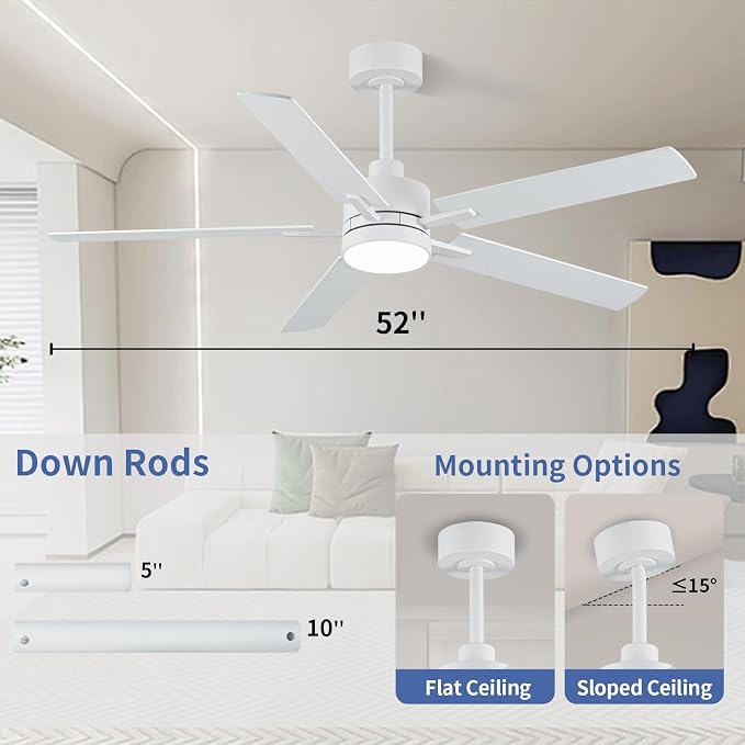 52'' White Ceiling Fans with Lights and Remote, 6 Speed Low Profile Modern Ceiling Fan with Quiet DC Motor for, alternate