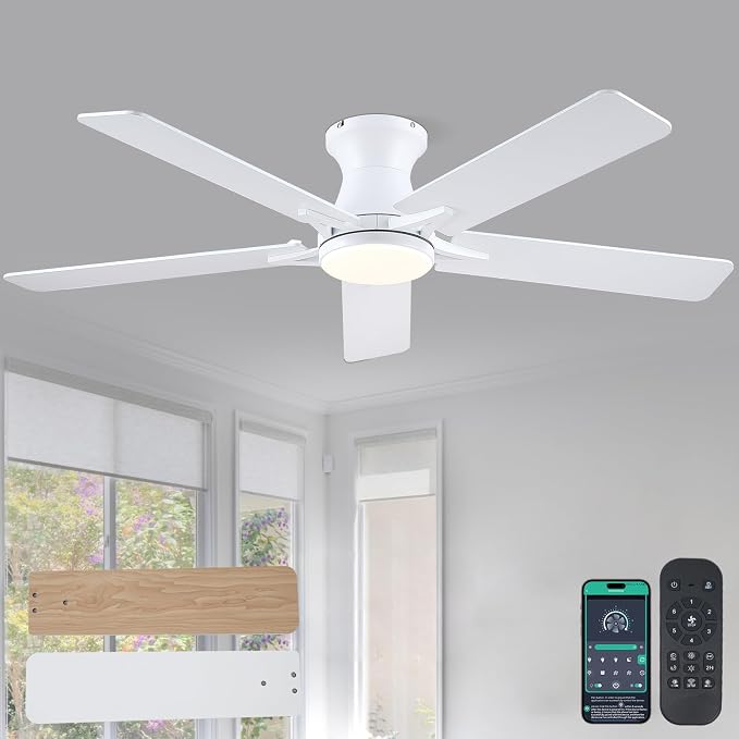 52" White Low Profile Ceiling Fans with Lights,Modern Flush Mount Ceiling Fans with Reversible DC Motor,Dimmable 3 Colors 6