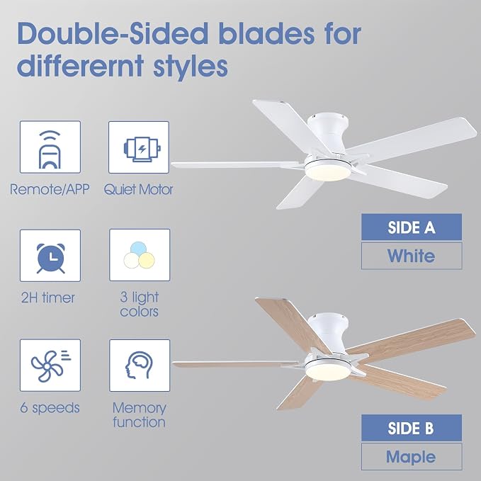 52" White Low Profile Ceiling Fans with Lights,Modern Flush Mount Ceiling Fans with Reversible DC Motor,Dimmable 3 Colors 6