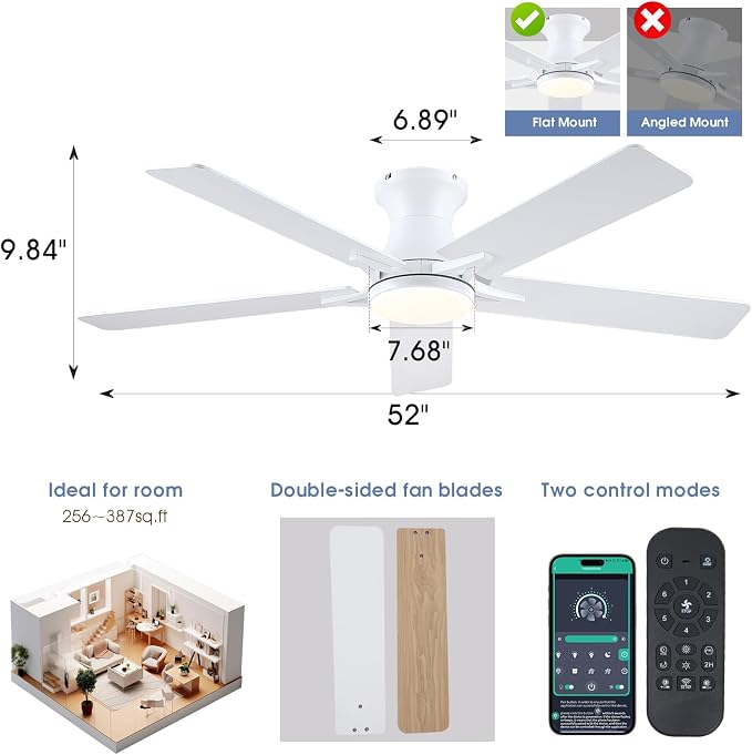 52" White Low Profile Ceiling Fans with Lights,Modern Flush Mount Ceiling Fans with Reversible DC Motor,Dimmable 3 Colors 6