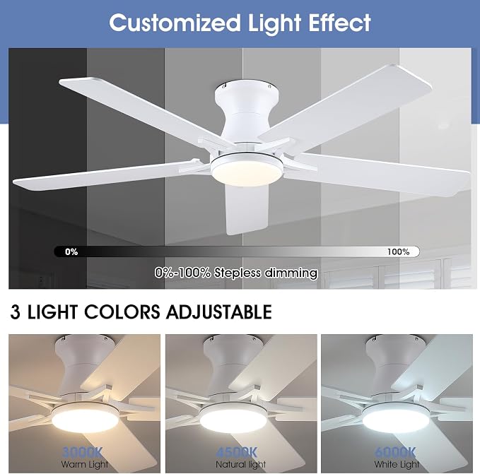 52" White Low Profile Ceiling Fans with Lights,Modern Flush Mount Ceiling Fans with Reversible DC Motor,Dimmable 3 Colors 6