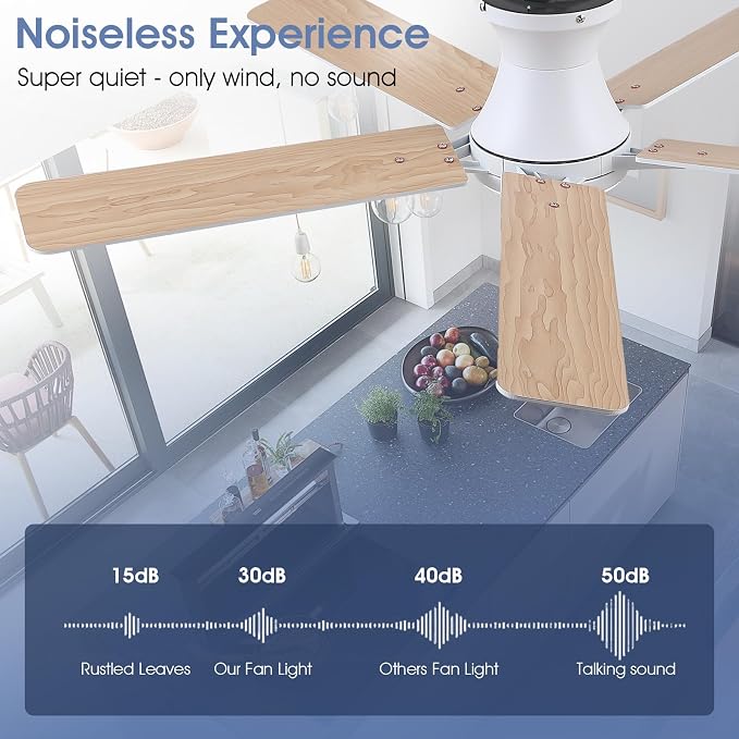 52" White Low Profile Ceiling Fans with Lights,Modern Flush Mount Ceiling Fans with Reversible DC Motor,Dimmable 3 Colors 6
