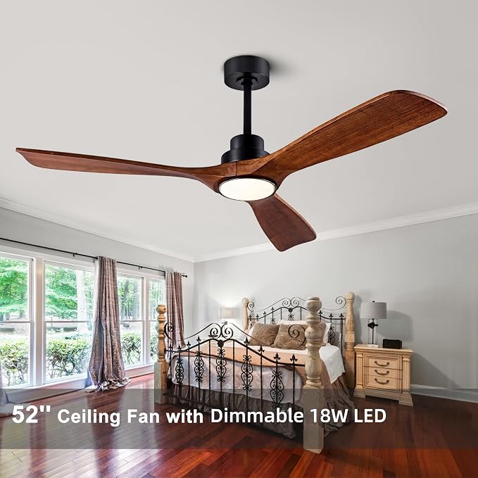 52" Wood Ceiling Fan with Light Remote Control(FCC) Quiet DC Motor 3 Blade Dimmable Ceiling Fans for Bedroom Living Room
