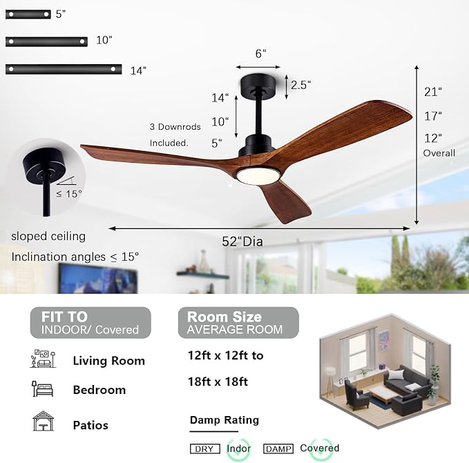 52" Wood Ceiling Fan with Light Remote Control(FCC) Quiet DC Motor 3 Blade Dimmable Ceiling Fans for Bedroom Living Room