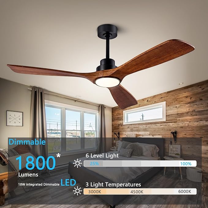 52" Wood Ceiling Fan with Light Remote Control(FCC) Quiet DC Motor 3 Blade Dimmable Ceiling Fans for Bedroom Living Room