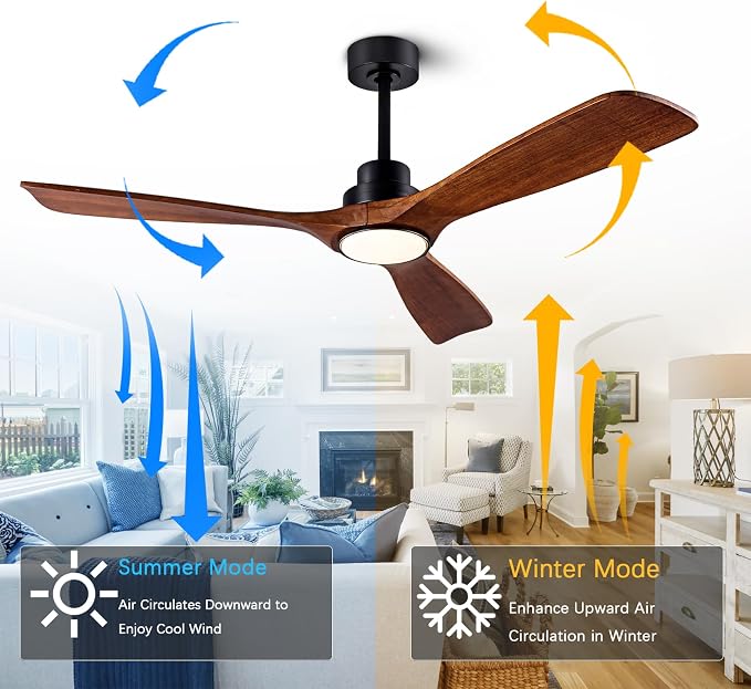 52" Wood Ceiling Fan with Light Remote Control(FCC) Quiet DC Motor 3 Blade Dimmable Ceiling Fans for Bedroom Living Room