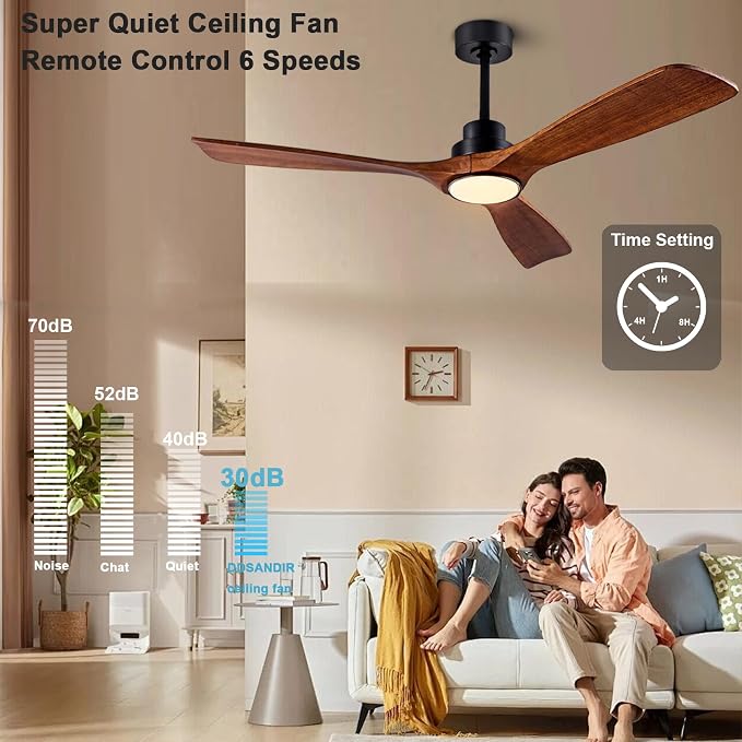 52" Wood Ceiling Fan with Light Remote Control(FCC) Quiet DC Motor 3 Blade Dimmable Ceiling Fans for Bedroom Living Room