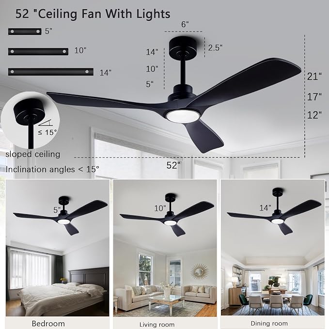 52" Wood Ceiling Fan with Lights Remote Control,Quiet DC Motor 3 Blade Ceiling Fans for Patio Living Room, Bedroom