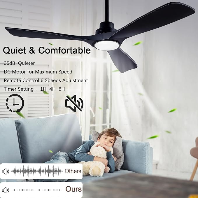 52" Wood Ceiling Fan with Lights Remote Control,Quiet DC Motor 3 Blade Ceiling Fans for Patio Living Room, Bedroom