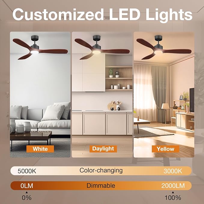 52” Wood Smart Ceiling Fans with Lights Remote, Quiet DC Motor, Outdoor Indoor Ceiling Fan, Voice Control via, alternate view