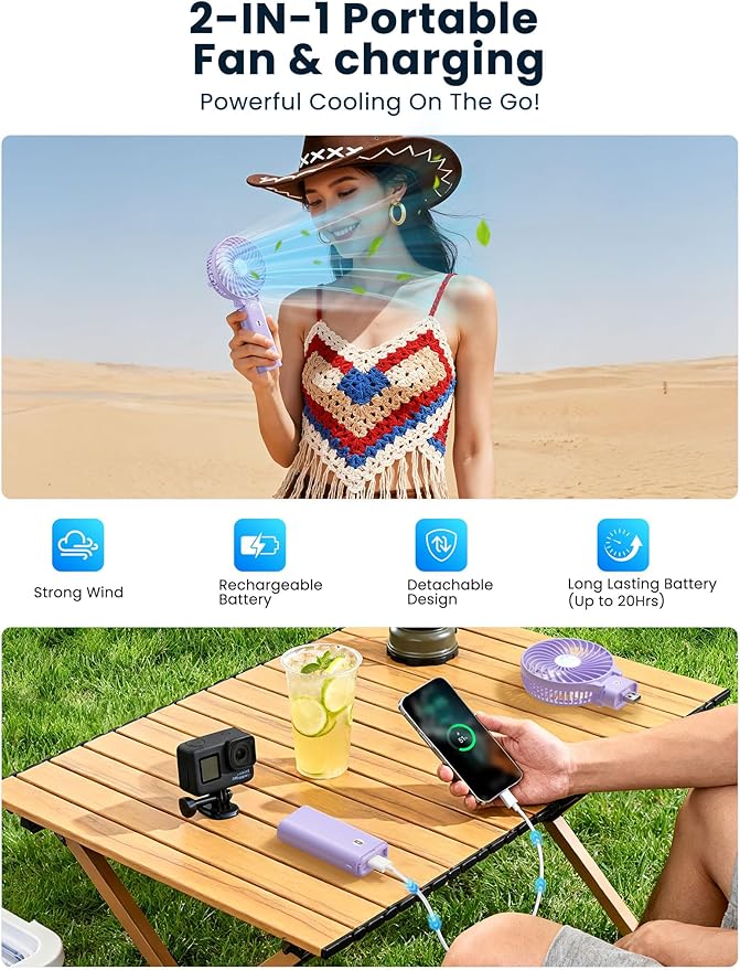 5200mAh Handheld Fan Rechargeable, 20H Runtime, 3 Speeds Strong Airflow, Personal 180° Foldable Portable Fans for