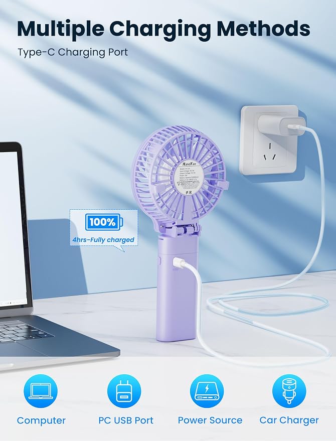 5200mAh Handheld Fan Rechargeable, 20H Runtime, 3 Speeds Strong Airflow, Personal 180° Foldable Portable Fans for