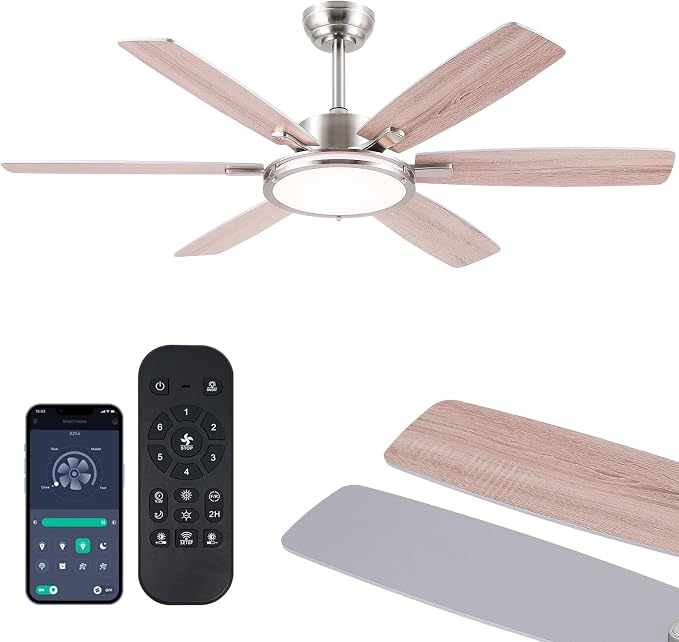 52in Ceiling Fan with Light,Modern Ceiling Fan with Light and Remote for Bedroom, Flush Mount, DC Reversible Motor, Brushed