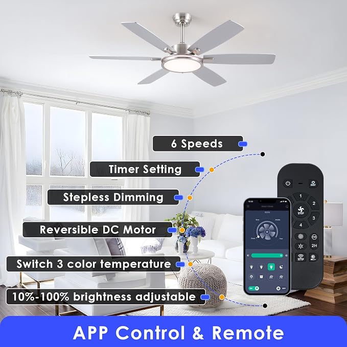 52in Ceiling Fan with Light,Modern Ceiling Fan with Light and Remote for Bedroom, Flush Mount, DC Reversible Motor, Brushed