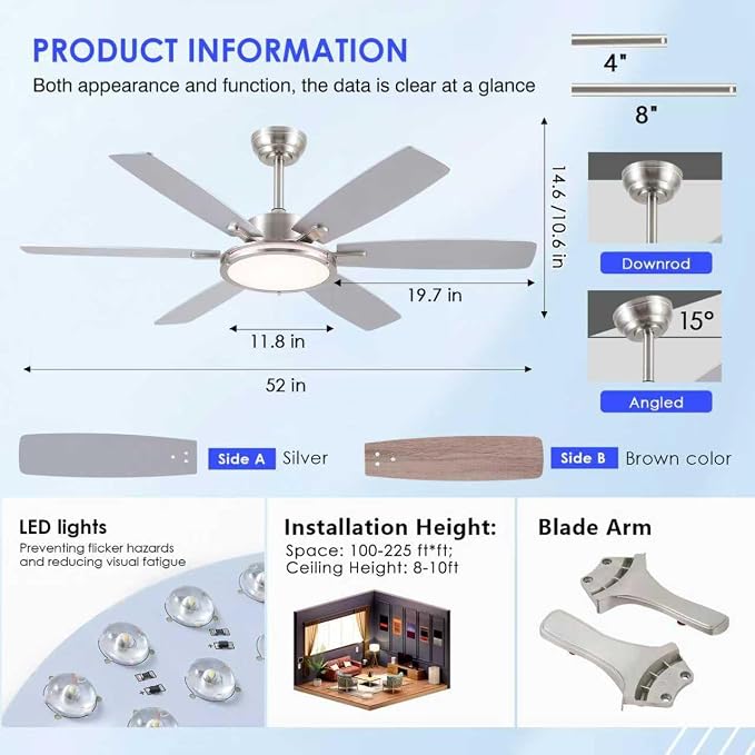 52in Ceiling Fan with Light,Modern Ceiling Fan with Light and Remote for Bedroom, Flush Mount, DC Reversible Motor, Brushed