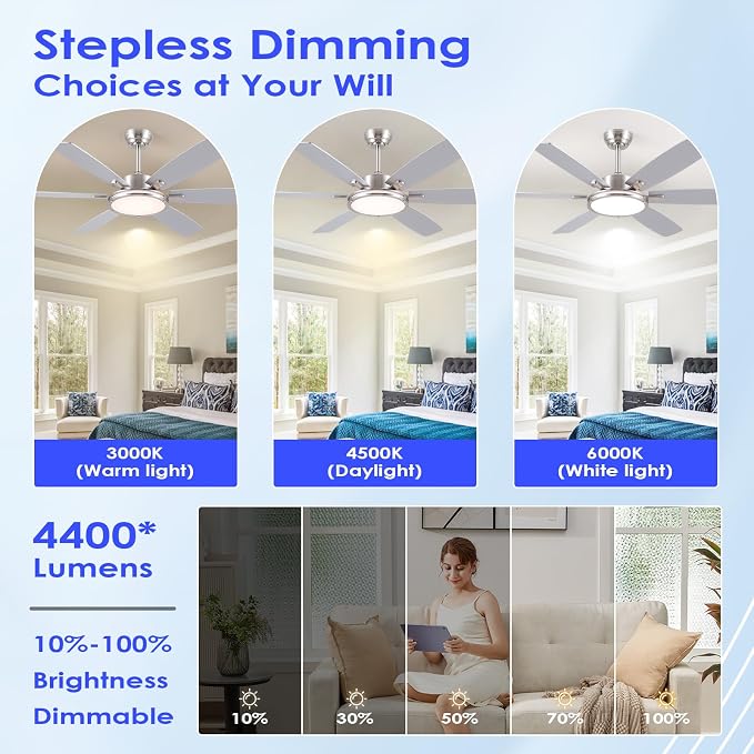 52in Ceiling Fan with Light,Modern Ceiling Fan with Light and Remote for Bedroom, Flush Mount, DC Reversible Motor, Brushed
