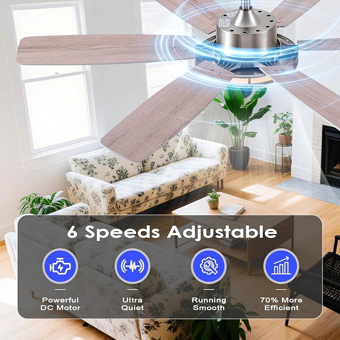 52in Ceiling Fan with Light,Modern Ceiling Fan with Light and Remote for Bedroom, Flush Mount, DC Reversible Motor, Brushed
