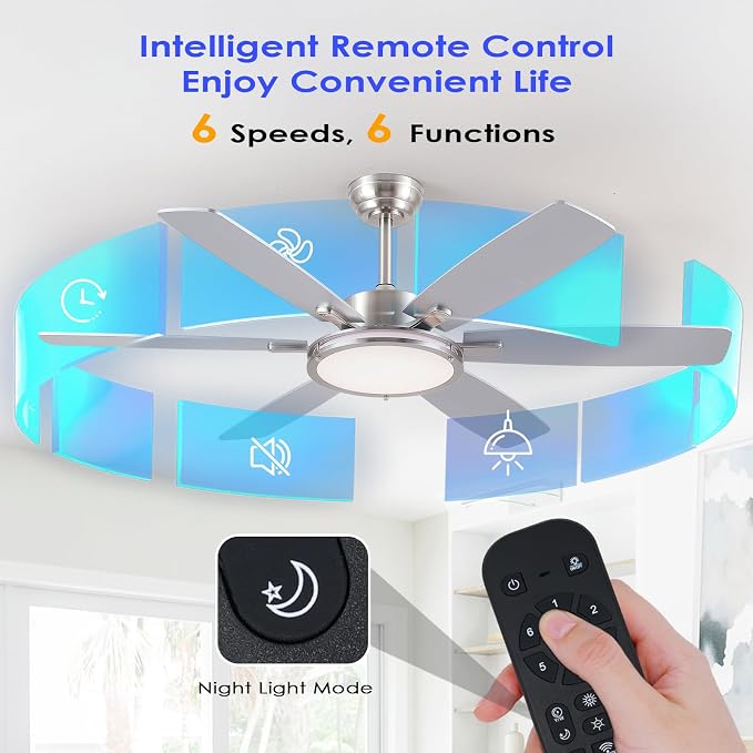 52in Ceiling Fan with Light,Modern Ceiling Fan with Light and Remote for Bedroom, Flush Mount, DC Reversible Motor, Brushed
