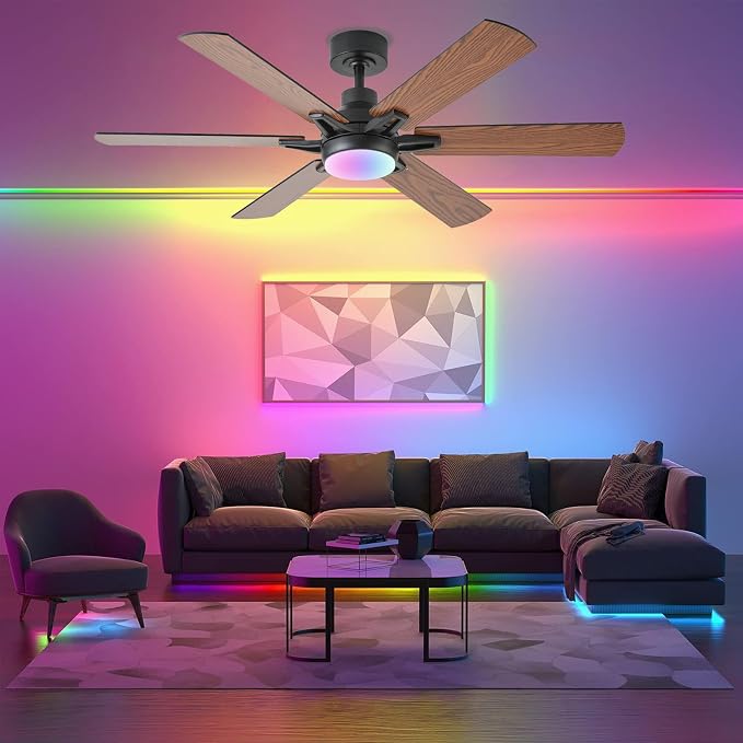 52in Ceiling Fans with Lights RGB Ceiling Fan with Light and Remote/APP Control,Low Profile Ceiling Fans with Lights for