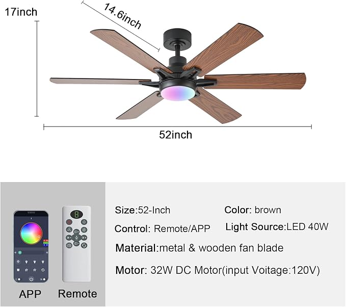 52in Ceiling Fans with Lights RGB Ceiling Fan with Light and Remote/APP Control,Low Profile Ceiling Fans with Lights for